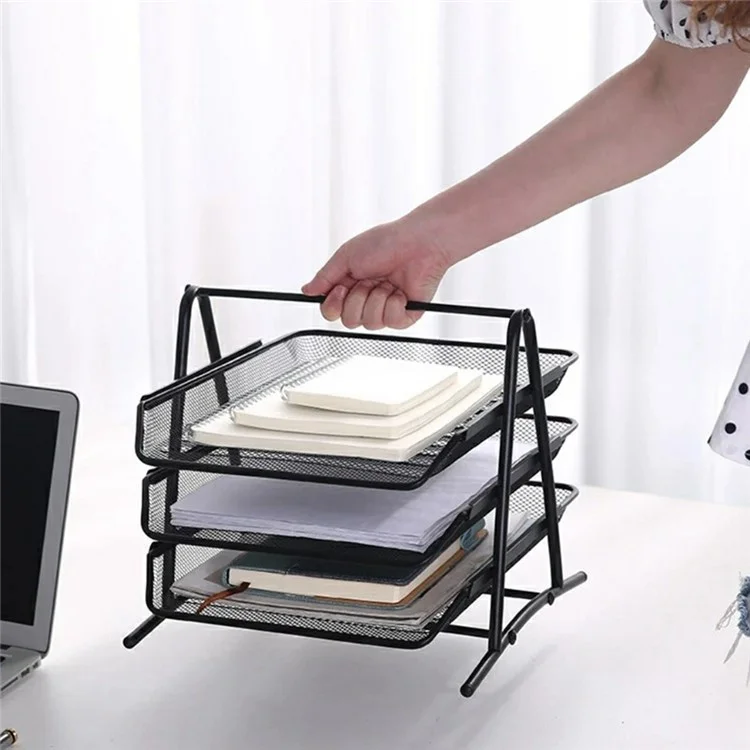 3 Tiers File Organizer Metal Mesh Stackable Desk Tray Paper Sorter Document Holder Rack - Silver