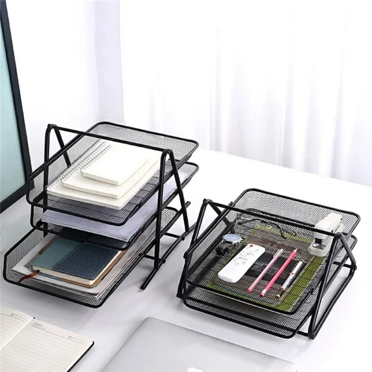 3 Tiers File Organizer Metal Mesh Stackable Desk Tray Paper Sorter Document Holder Rack - Silver
