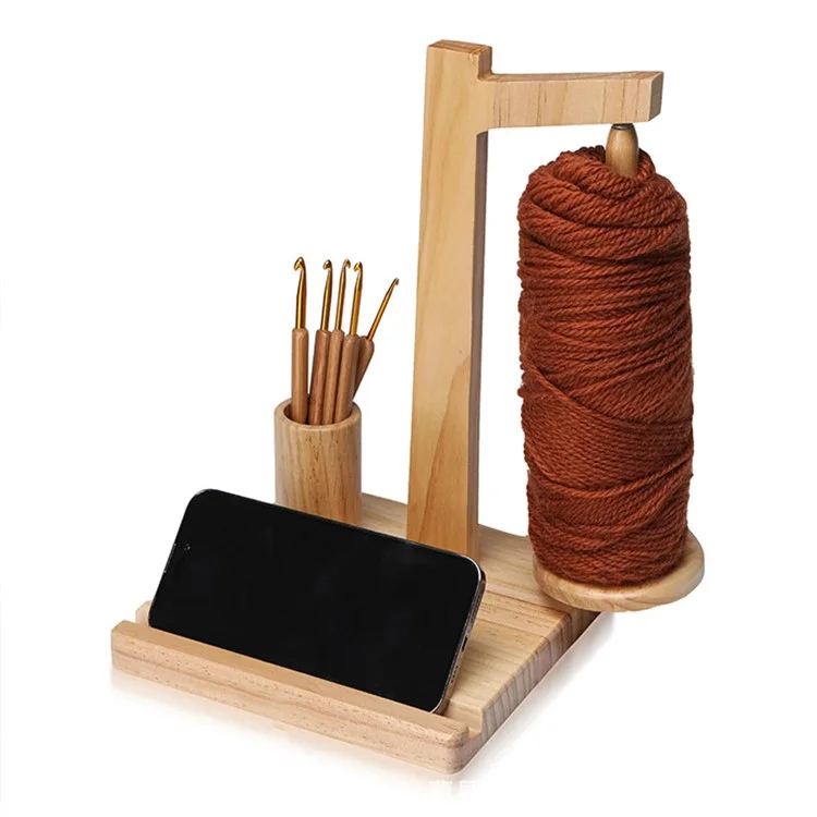 Soporte de Madera Giratorio Magnético para Hilos con Organizador de Ganchos de Ganchillo y Soporte para Teléfono - Color Madera
