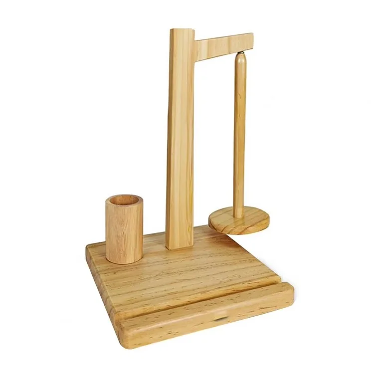Soporte de Madera Giratorio Magnético para Hilos con Organizador de Ganchos de Ganchillo y Soporte para Teléfono - Color Madera