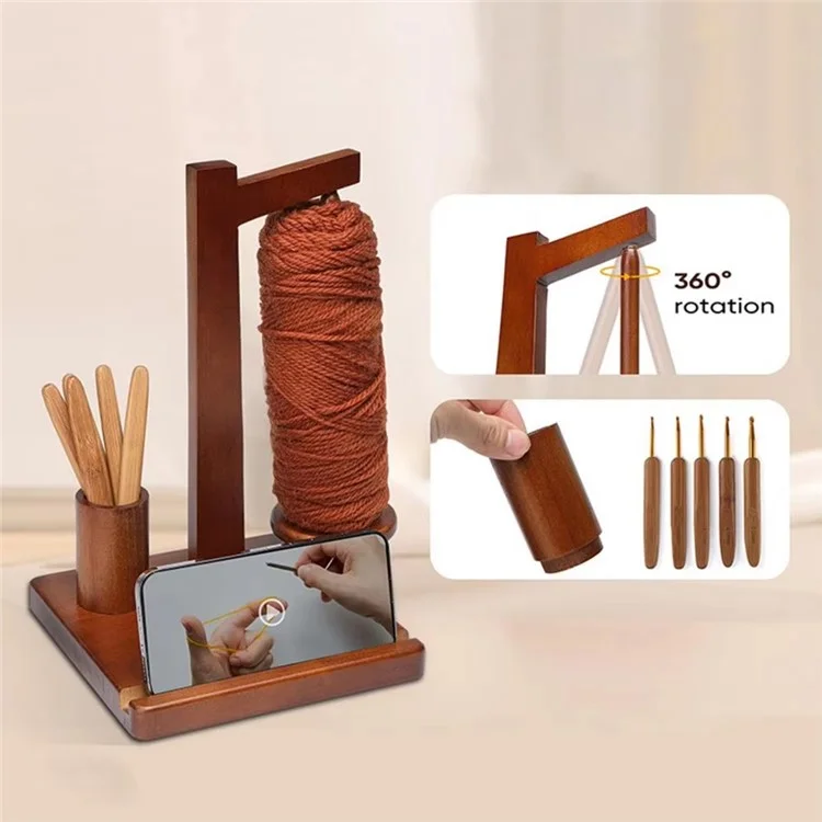 Soporte de Madera Giratorio Magnético para Hilos con Organizador de Ganchos de Ganchillo y Soporte para Teléfono - Color Madera