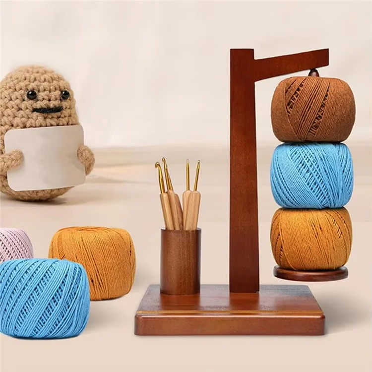 Soporte de Madera Giratorio Magnético para Hilos con Organizador de Ganchos de Ganchillo y Soporte para Teléfono - Color Madera