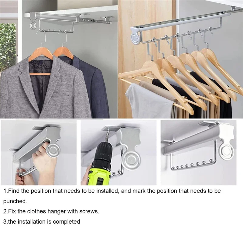10 Inch Wardrobe Closet Retractable Pull-Out Hanging Rod Aluminum Alloy Pants Hanger Rack - Silver