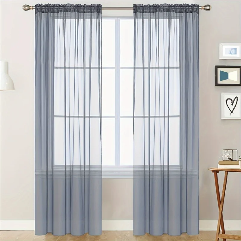 1Pc 100 x 130cm Solid Color Semi Sheer Curtain Panel Rod Pocket Design Tulle Blind Window Treatment - Grey