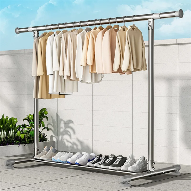 KC06B Adjustable Stainless Steel Clothes Drying Rack Foldable Extendable Single Rod Hanger 2.4m x 1.3m with Shoe Shelf