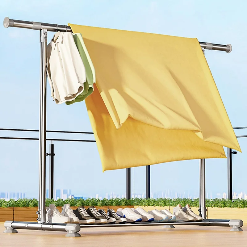 KC06B Adjustable Stainless Steel Clothes Drying Rack Foldable Extendable Single Rod Hanger 2.4m x 1.3m with Shoe Shelf