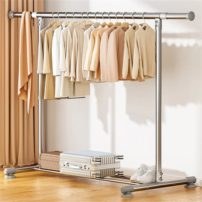 KC06B Adjustable Stainless Steel Clothes Drying Rack Foldable Extendable Single Rod Hanger 2.4m x 1.3m with Shoe Shelf