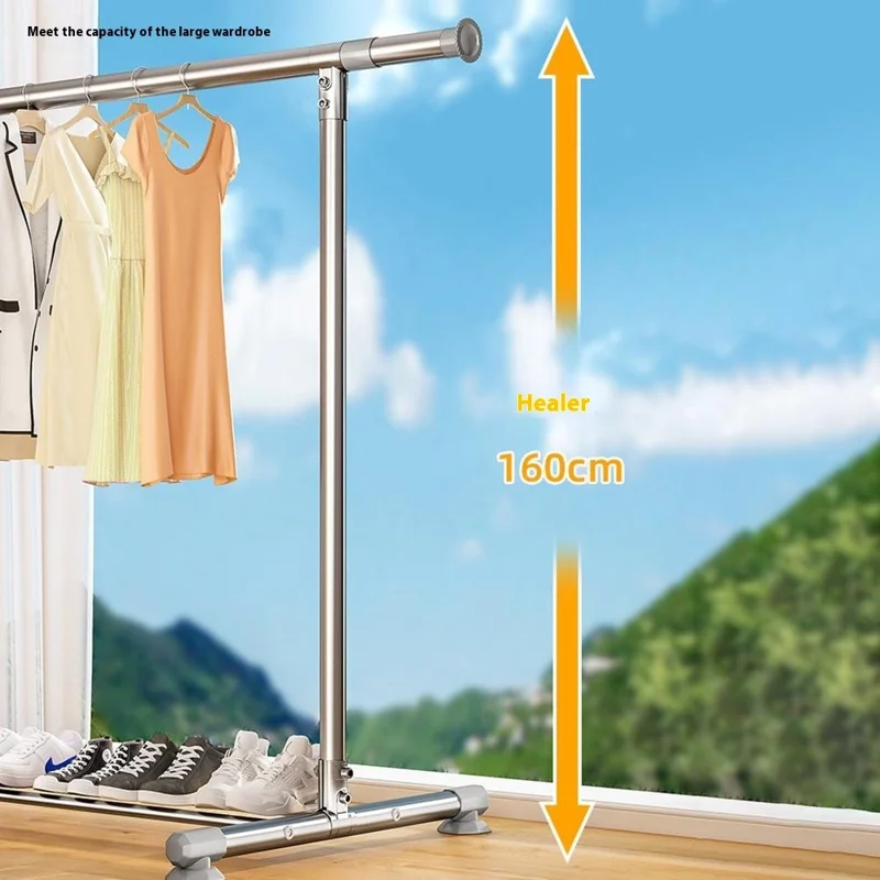 KC07A Rastrelliera per asciugatura vestiti in acciaio inossidabile regolabile Appendiabiti singolo pieghevole ed estensibile 2,0 m x 1,6 m con ripiano per scarpe