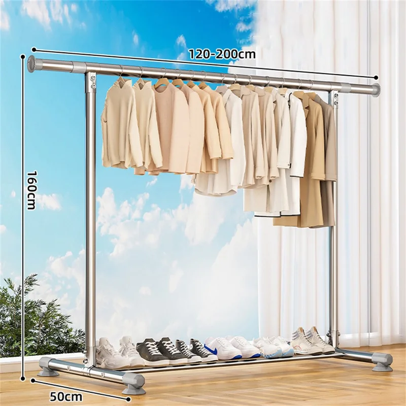 KC07A Rastrelliera per asciugatura vestiti in acciaio inossidabile regolabile Appendiabiti singolo pieghevole ed estensibile 2,0 m x 1,6 m con ripiano per scarpe