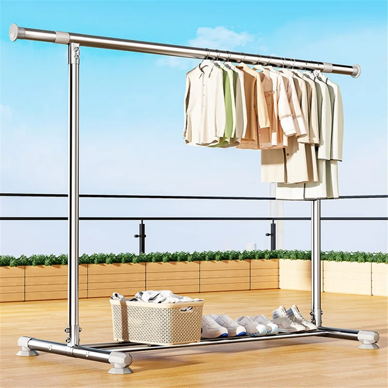 KC07B Adjustable Stainless Steel Clothes Drying Rack Foldable Extendable Single Rod Hanger 2.4m x 1.6m with Shoe Shelf