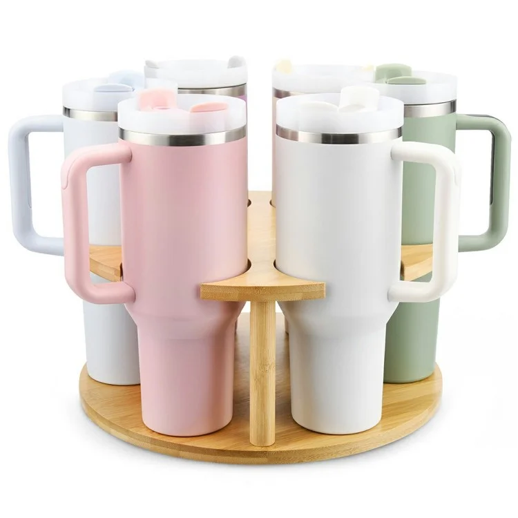 Suporte para Copo Stanley com Organizador Giratório de 360° para Armazenamento de Mesa, Rack de Caneca de Madeira de Bambu