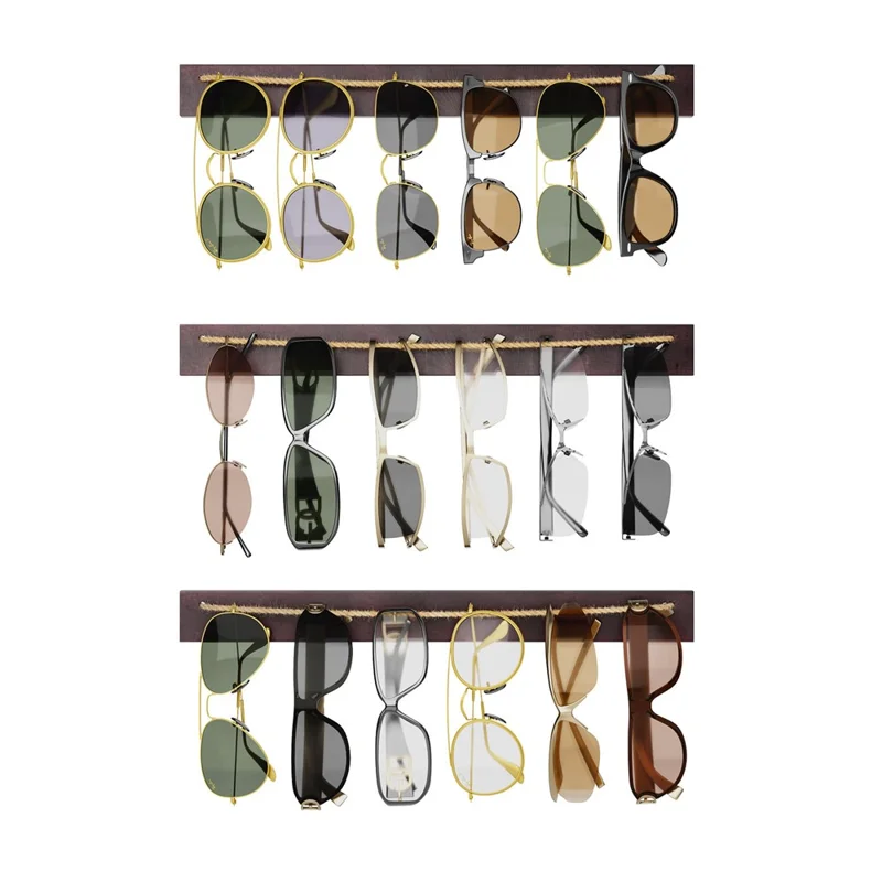 Wall Mounted Eyewear Organizer 3-Tier Wooden Sunglasses Display Rack