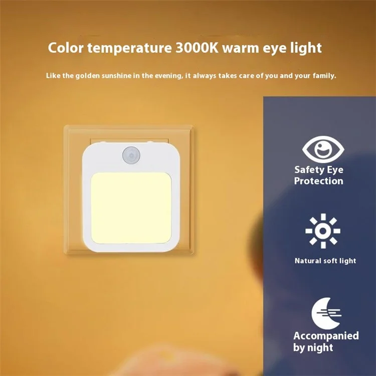 Motion Sensor Night Light Plug-In Warm White LED Stepless Dimmable Light for Bedroom Hallway Bathroom - EU Plug
