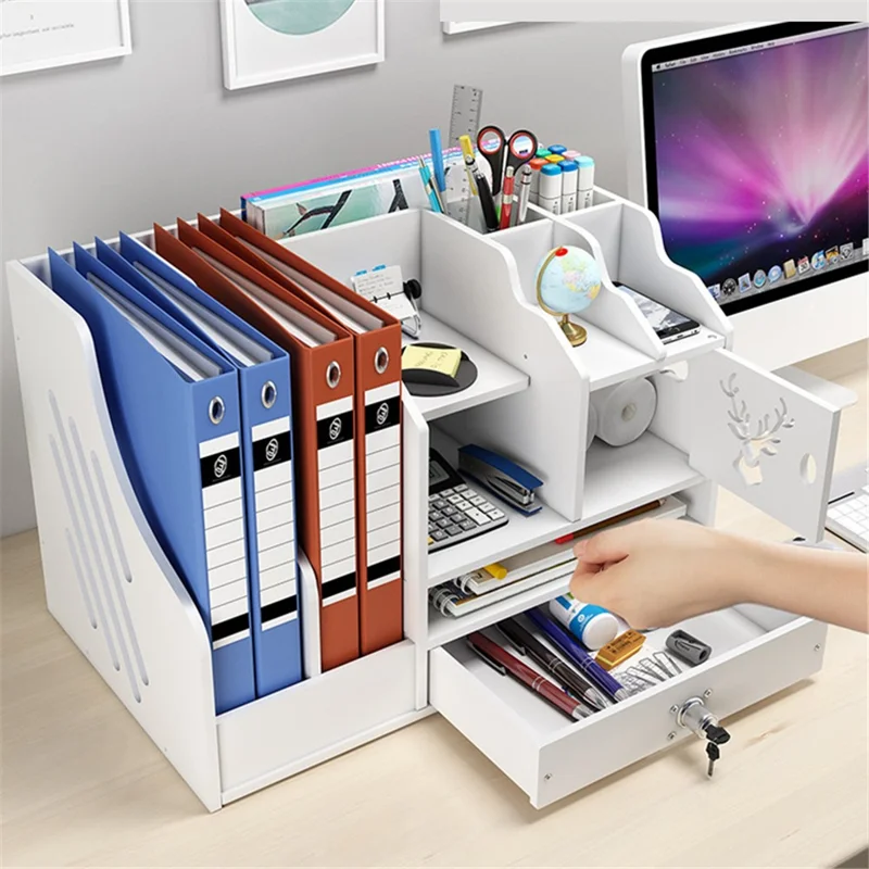 Office Desktop File Organizer Multi-Layer Document Holder A4 Paper Storage Rack with Lockable Drawer - Deer Design