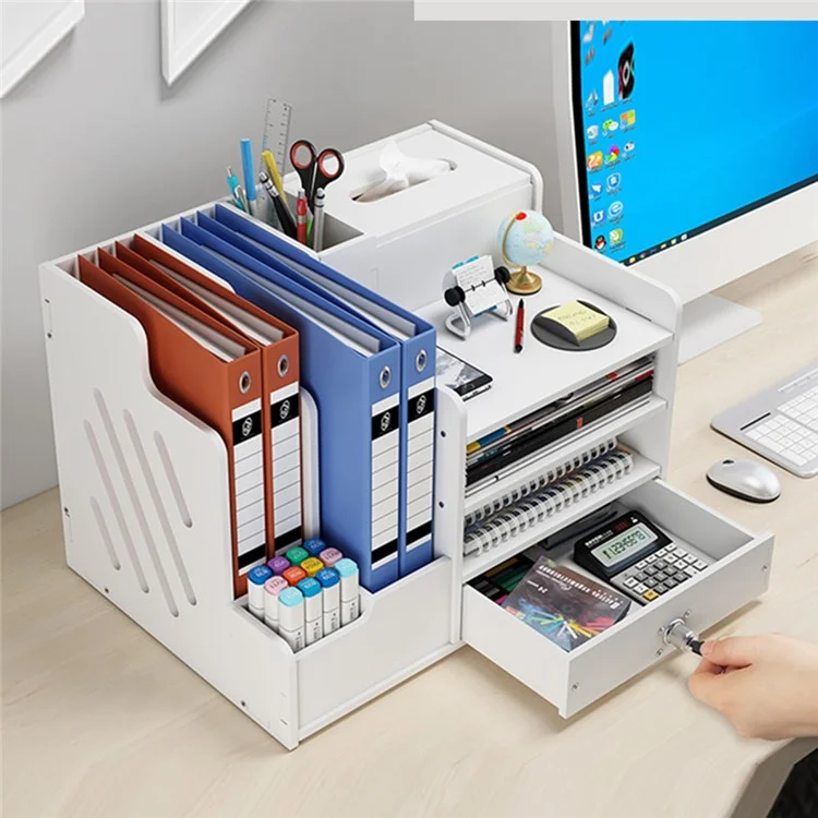 Office Desktop File Organizer Multi-Layer Document Holder A4 Paper Storage Rack with Lockable Drawer - Tissue Box Design