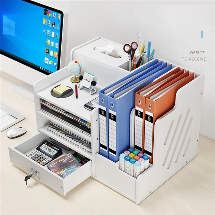 Office Desktop File Organizer Multi-Layer Document Holder A4 Paper Storage Rack with Lockable Drawer - Tissue Box Design