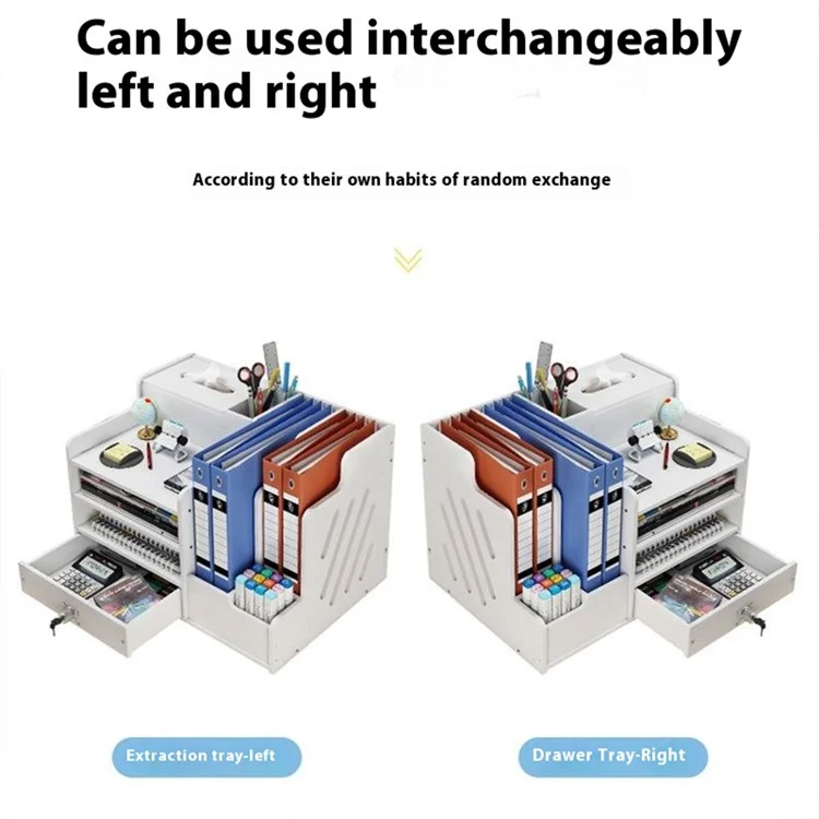 Office Desktop File Organizer Multi-Layer Document Holder A4 Paper Storage Rack with Lockable Drawer - Tissue Box Design