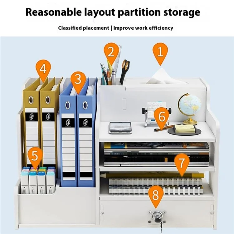 Office Desktop File Organizer Multi-Layer Document Holder A4 Paper Storage Rack with Lockable Drawer - Tissue Box Design