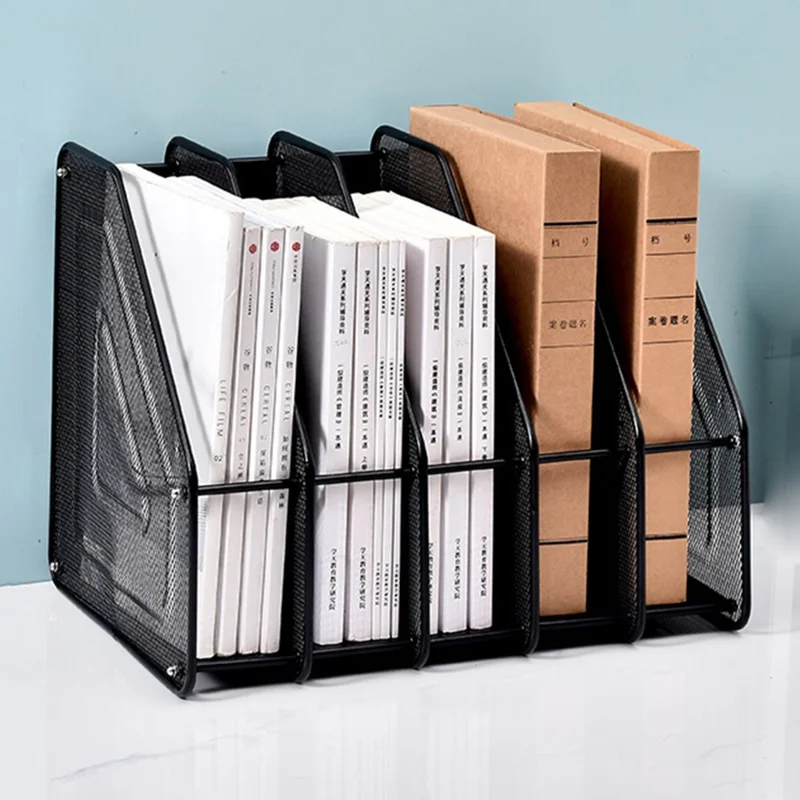 5 Compartment Desk Organizer Magazine Holder Wire Mesh File Sorter Document Rack for Office Home - Black