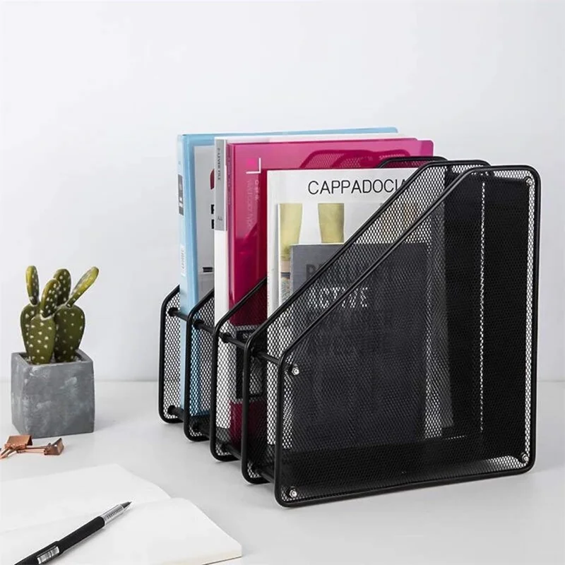Porte-revues en fil métallique à 4 compartiments, Organiseur de documents de bureau avec support de rangement pour la maison / le bureau - Noir