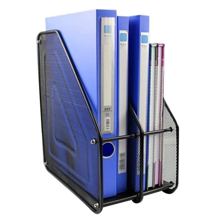 2 Compartments Desktop Organizer File Holder Magazine Rack Metal Wire Mesh Storage for Office Home - Black