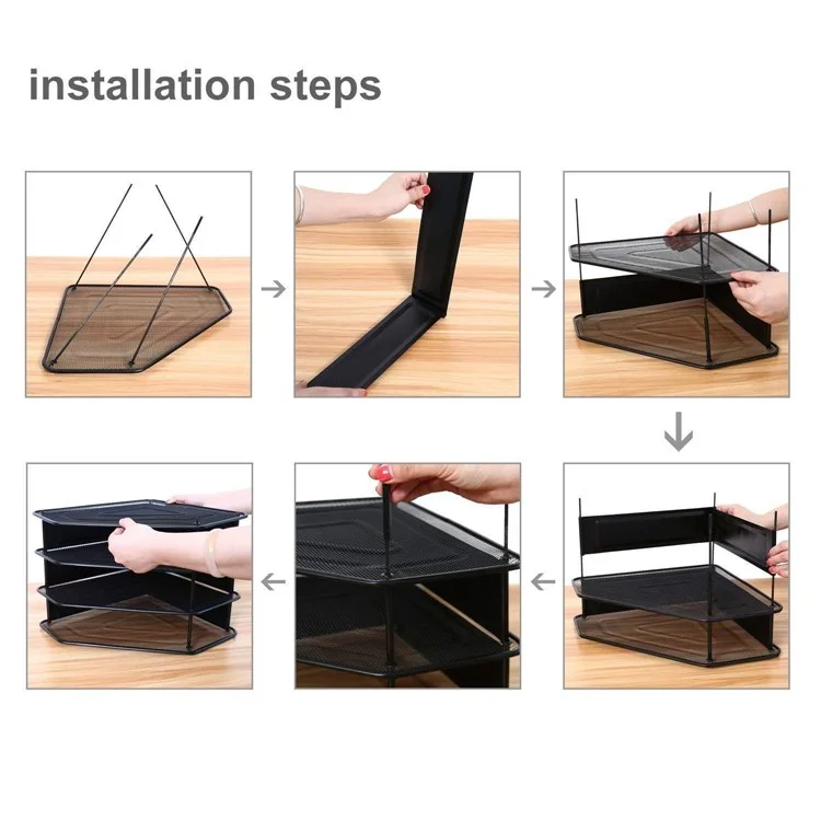 2 Compartments Desktop Organizer File Holder Magazine Rack Metal Wire Mesh Storage for Office Home - Black