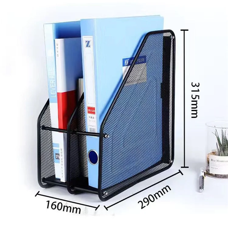 2 Compartments Desktop Organizer File Holder Magazine Rack Metal Wire Mesh Storage for Office Home - Black