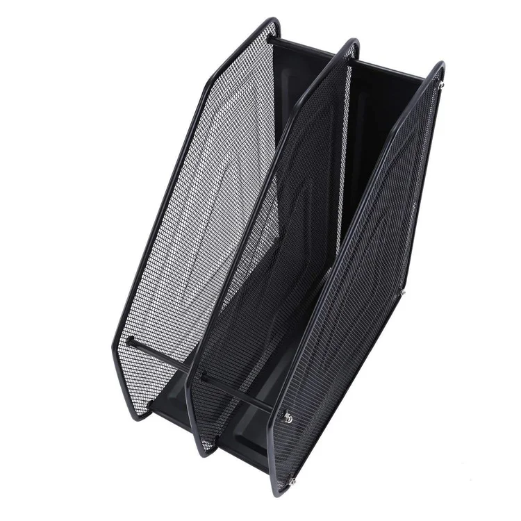 2 Compartments Desktop Organizer File Holder Magazine Rack Metal Wire Mesh Storage for Office Home - Black