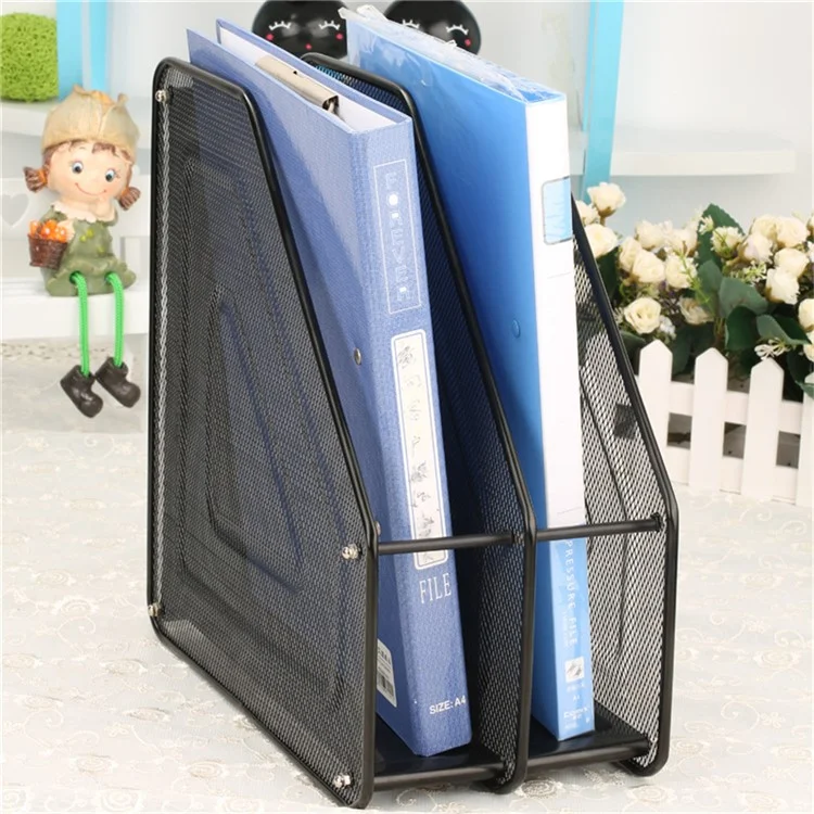 2 Compartments Desktop Organizer File Holder Magazine Rack Metal Wire Mesh Storage for Office Home - Black