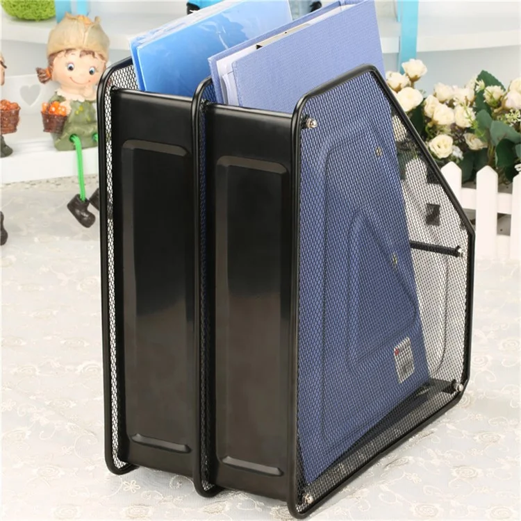 2 Compartments Desktop Organizer File Holder Magazine Rack Metal Wire Mesh Storage for Office Home - Black