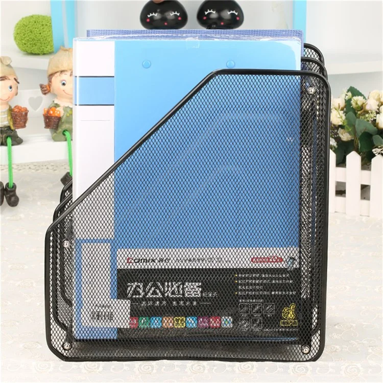2 Compartments Desktop Organizer File Holder Magazine Rack Metal Wire Mesh Storage for Office Home - Black
