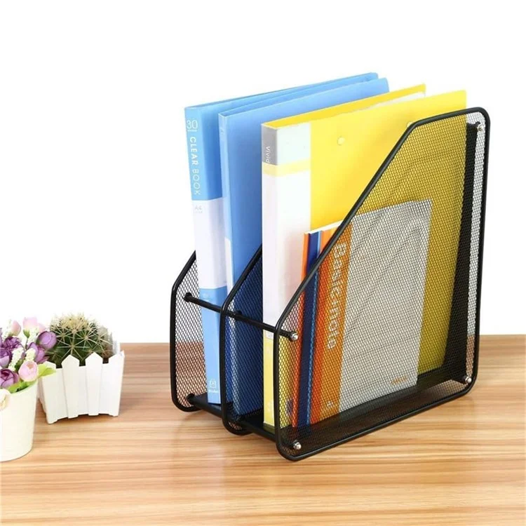 2 Compartments Desktop Organizer File Holder Magazine Rack Metal Wire Mesh Storage for Office Home - Black