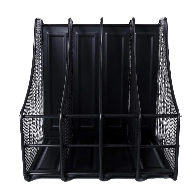 4 Compartments Desk Organizer Magazine Holder Metal Mesh File Sorter Document Rack for Offic Home - Black