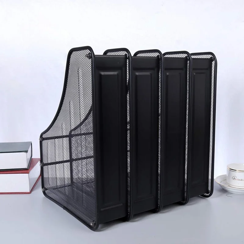 4 Compartments Desk Organizer Magazine Holder Metal Mesh File Sorter Document Rack for Offic Home - Black
