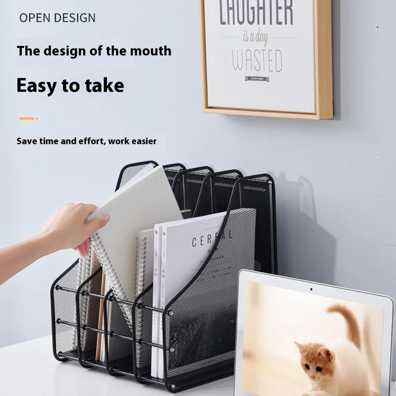 4 Compartments Desk Organizer Magazine Holder Metal Mesh File Sorter Document Rack for Offic Home - Black