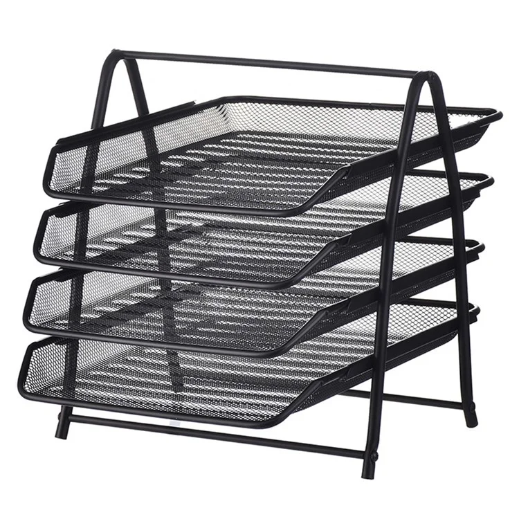 4-Tier Metal Mesh Desktop File Organizer Sliding Drawer Document Holder Office Storage Rack - Black