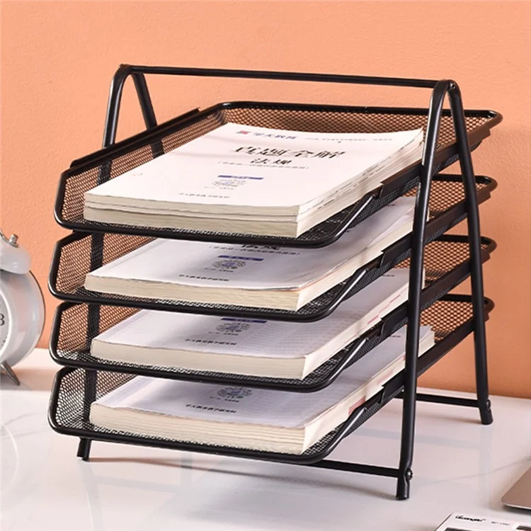 4-Tier Metal Mesh Desktop File Organizer Sliding Drawer Document Holder Office Storage Rack - Black