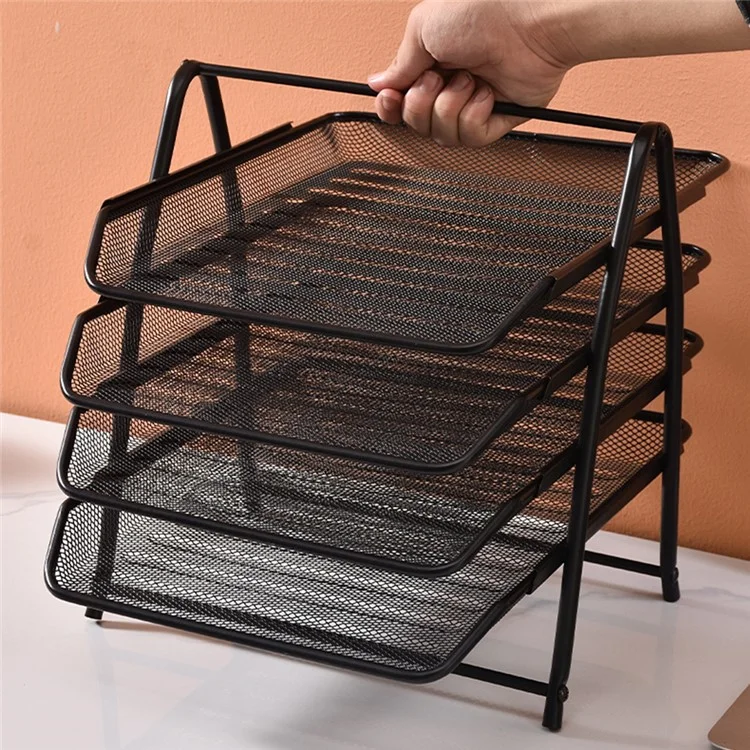 4-Tier Metal Mesh Desktop File Organizer Sliding Drawer Document Holder Office Storage Rack - Black