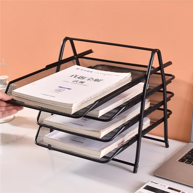 4-Tier Metal Mesh Desktop File Organizer Sliding Drawer Document Holder Office Storage Rack - Black