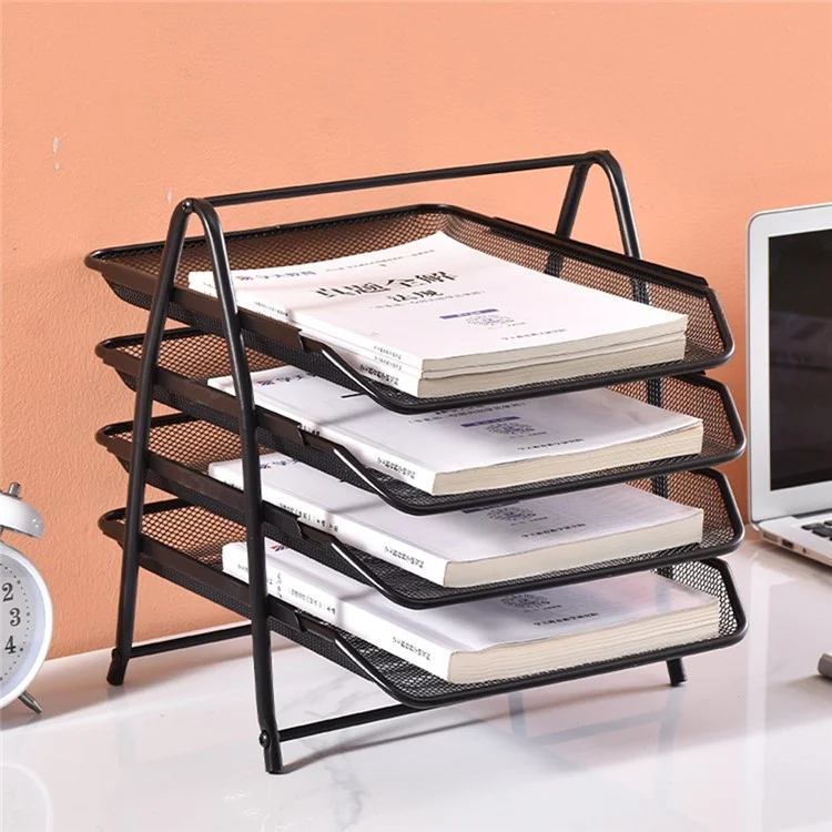 4-Tier Metal Mesh Desktop File Organizer Sliding Drawer Document Holder Office Storage Rack - Black