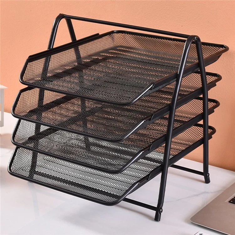 4-Tier Metal Mesh Desktop File Organizer Sliding Drawer Document Holder Office Storage Rack - Black