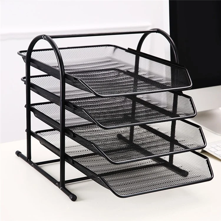 4-Tier Desktop File Organizer Metal Mesh Sliding Drawer Document Holder for Office Storage - Black