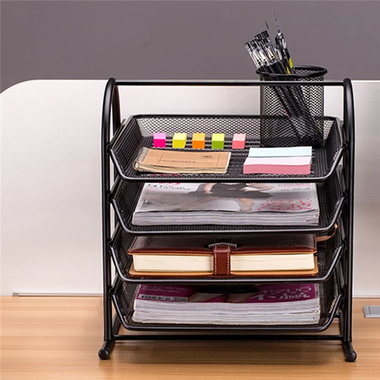 4-Tier Desktop File Organizer Metal Mesh Sliding Drawer Document Holder for Office Storage - Black