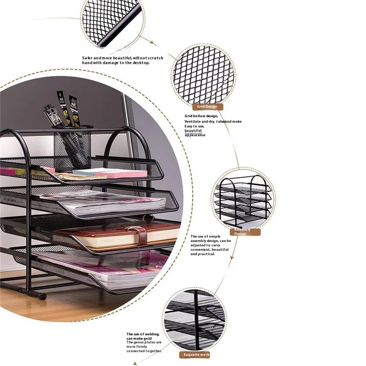 4-Tier Desktop File Organizer Metal Mesh Sliding Drawer Document Holder for Office Storage - Black