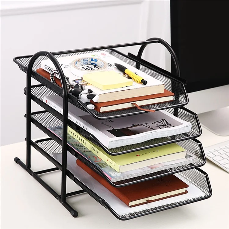 4-Tier Desktop File Organizer Metal Mesh Sliding Drawer Document Holder for Office Storage - Black