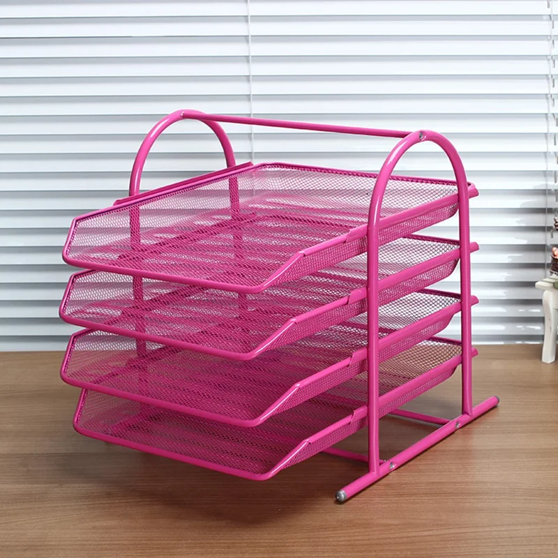 4-Tier Desktop File Organizer Metal Mesh Sliding Drawer Document Holder for Office Storage - Rose