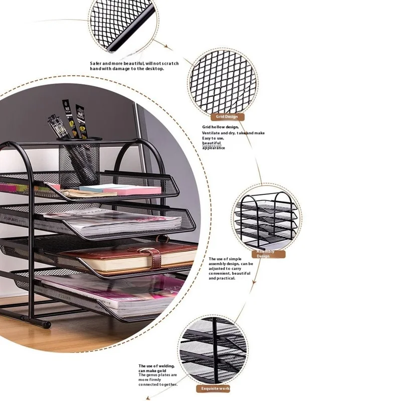 4-Tier Desktop File Organizer Metal Mesh Sliding Drawer Document Holder for Office Storage - Rose