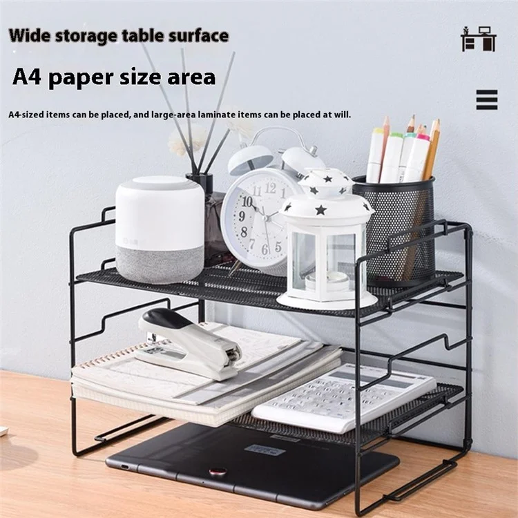 Rack de rangement de bureau métallique multi-niveaux Organisateur de documents avec 1 cadre + 2 panneaux en maille métallique - Noir
