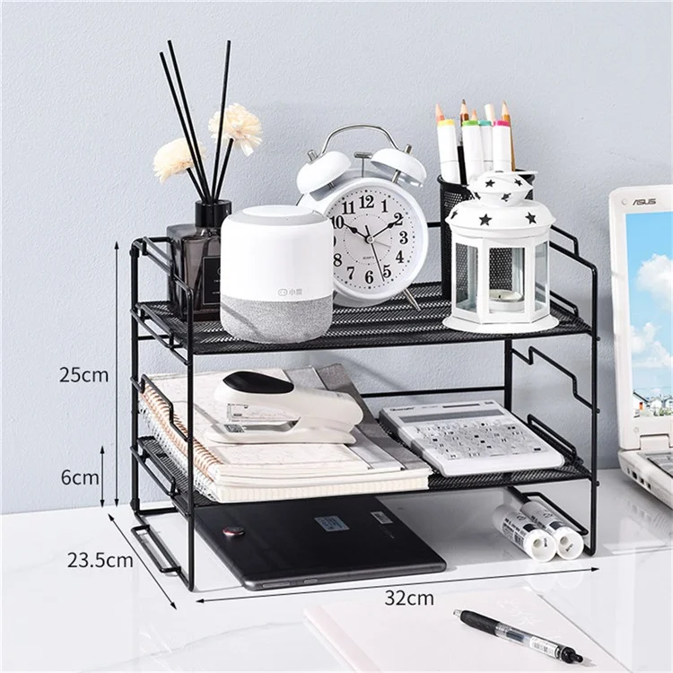 Rack de rangement de bureau métallique multi-niveaux Organisateur de documents avec 1 cadre + 2 panneaux en maille métallique - Noir