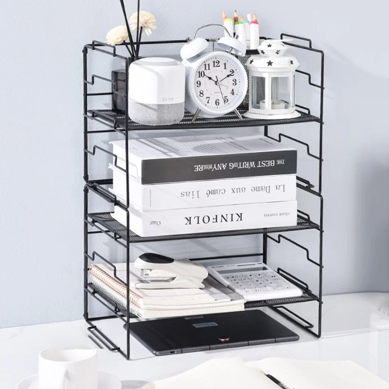 Desktop Storage Rack Metal Multi-Layer File Organizer Detachable 2 Frames + 3 Wire Mesh Panels - Black